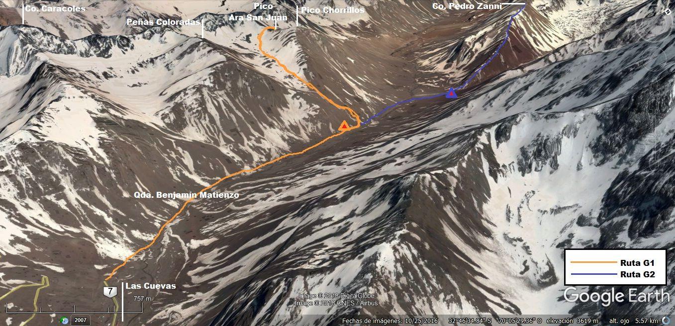 Trayectos y campamentos realizados por los distintos grupos (Ruta G1) Pico Ara San Juan y (Ruta G2) al Pedro Zanni.