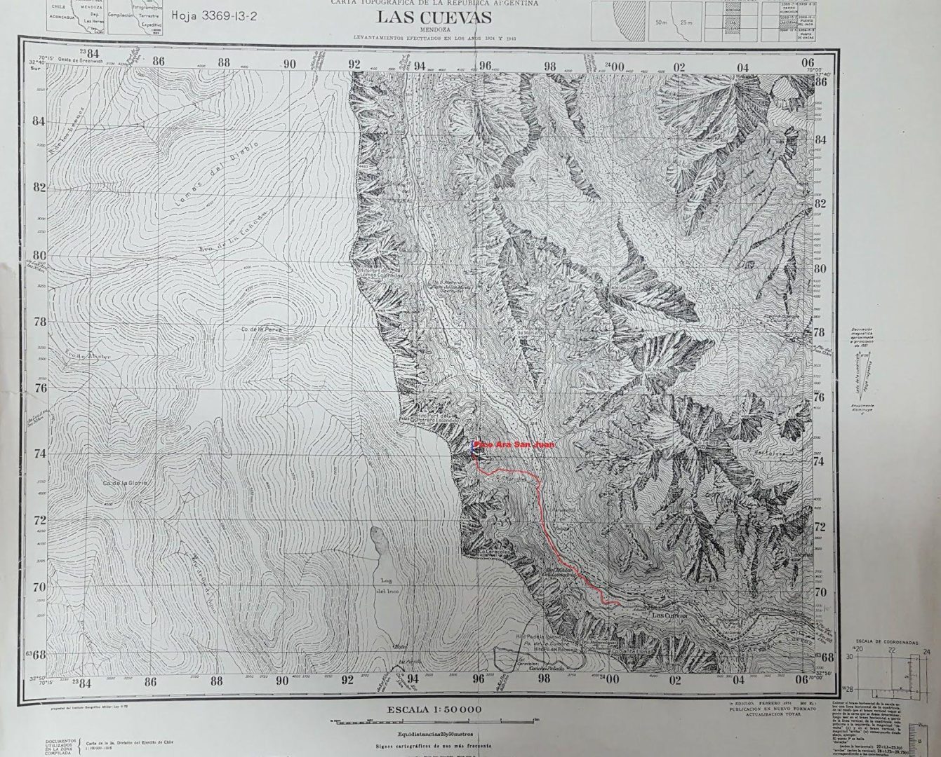 Recorrido aproximado para llegar al pico ARA San Juan (4.125 m), sobre la base de carta topográfica del IGM.