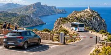 Rental car, access barrier and shuttle bus on the road to Cap de Formentor lighthouse