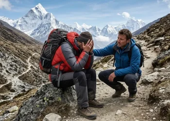 Dos montañistas en un sendero de alta montaña; uno está sentado con malestar y el otro lo asiste