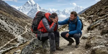 Dos montañistas en un sendero de alta montaña; uno está sentado con malestar y el otro lo asiste