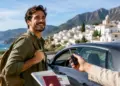 Turista junto a un coche mientras recibe una llave, con documentos de viaje y un pueblo costero de fondo