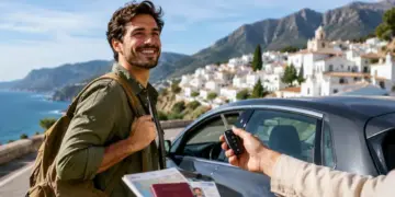 Turista junto a un coche mientras recibe una llave, con documentos de viaje y un pueblo costero de fondo
