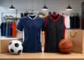 Camiseta de fútbol y camiseta de baloncesto exhibidas junto a balones y bolsas de compra en una tienda deportiva