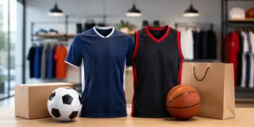 Camiseta de fútbol y camiseta de baloncesto exhibidas junto a balones y bolsas de compra en una tienda deportiva