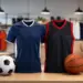 Camiseta de fútbol y camiseta de baloncesto exhibidas junto a balones y bolsas de compra en una tienda deportiva