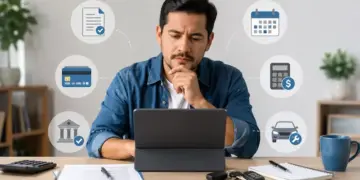 Hombre revisa una solicitud de crédito online con íconos de calendario, banco, auto y calculadora