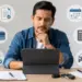 Hombre revisa una solicitud de crédito online con íconos de calendario, banco, auto y calculadora