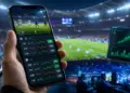 Celular con cuotas de apuestas en vivo frente a un estadio deportivo iluminado