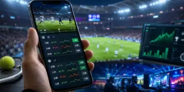 Celular con cuotas de apuestas en vivo frente a un estadio deportivo iluminado