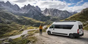 Camper blanca junto a una ruta de montaña con una persona mirando el paisaje