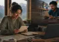 Mujer escribe una carta frente a una notebook mientras otro corresponsal la lee a distancia, con montañas de fondo.