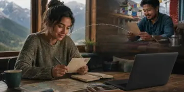 Mujer escribe una carta frente a una notebook mientras otro corresponsal la lee a distancia, con montañas de fondo.