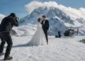 Fotógrafo retrata a una pareja de novios sobre un glaciar, con un helicóptero y montañas nevadas al fondo.